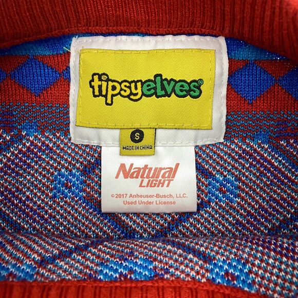 Tipsy Elves Sweater Mens Small Blue Red Ugly Christmas Party Natural Light Beer - Picture 6 of 9